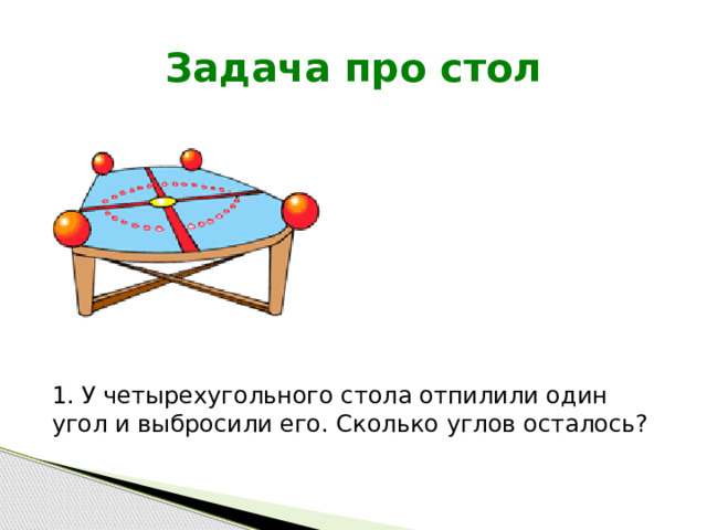 Задача про стол 1. У четырехугольного стола отпилили один угол и выбросили его. Сколько углов осталось? 