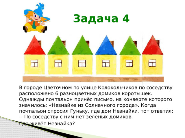  Задача 4 В городе Цветочном по улице Колокольчиков по соседству расположено 6 разноцветных домиков коротышек. Однажды почтальон принёс письмо, на конверте которого значилось: «Незнайке из Солнечного города». Когда почтальон спросил Гуньку, где дом Незнайки, тот ответил: -- По соседству с ним нет зелёных домиков. Где живёт Незнайка? 