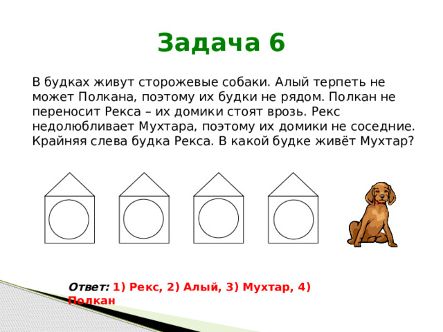 Задача 6 В будках живут сторожевые собаки. Алый терпеть не может Полкана, поэтому их будки не рядом. Полкан не переносит Рекса – их домики стоят врозь. Рекс недолюбливает Мухтара, поэтому их домики не соседние. Крайняя слева будка Рекса. В какой будке живёт Мухтар? Ответ:  1) Рекс, 2) Алый, 3) Мухтар, 4) Полкан 