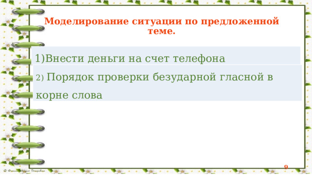 Моделирование ситуации по предложенной теме. Внести деньги на счет телефона 2) Порядок проверки безударной гласной в корне слова  