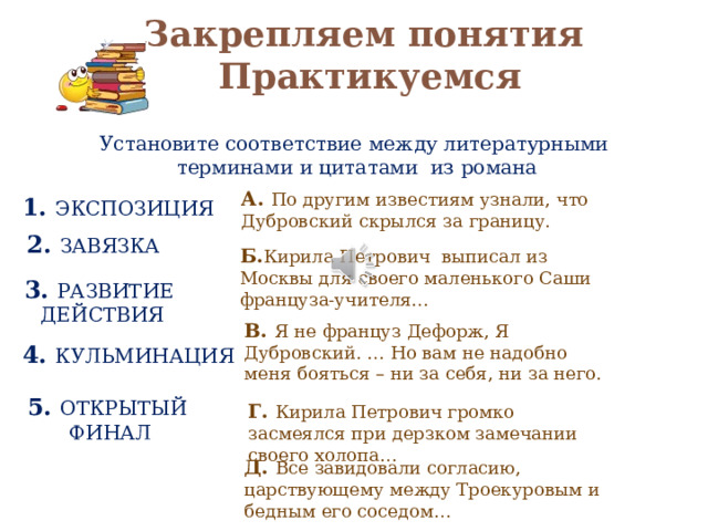 Закрепляем понятия  Практикуемся Установите соответствие между литературными  терминами и цитатами из романа А. По другим известиям узнали, что Дубровский скрылся за границу. 1. ЭКСПОЗИЦИЯ 2. ЗАВЯЗКА Б. Кирила Петрович выписал из Москвы для своего маленького Саши француза-учителя… 3. РАЗВИТИЕ ДЕЙСТВИЯ В. Я не француз Дефорж, Я Дубровский. … Но вам не надобно меня бояться – ни за себя, ни за него. 4. КУЛЬМИНАЦИЯ Закрепим теоретические понятия. Практикуемся. Композиция эпического произведения включает: экспозицию, завязку, развитие действия, кульминацию, развязку, открытый финал. А вот теперь остановите слайд и выполните задание – мини-тест на соответствие. Внимательно прочтите цитаты из романа.. Установите соответствие между композиционными терминами и цитатами 5. ОТКРЫТЫЙ  ФИНАЛ Г. Кирила Петрович громко засмеялся при дерзком замечании своего холопа… Д. Все завидовали согласию, царствующему между Троекуровым и бедным его соседом… 5 