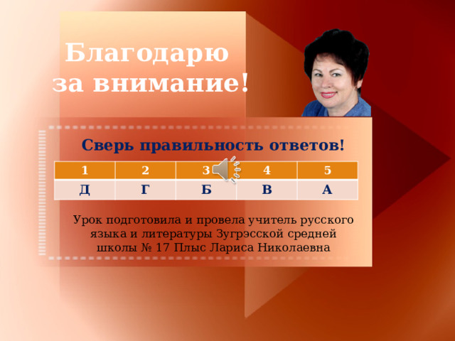 Благодарю за внимание! Сверь правильность ответов! 1 Д 2 Г 3 Б 4 5 В А Урок подготовила и провела учитель русского языка и литературы Зугрэсской средней школы № 17 Плыс Лариса Николаевна В таблице можете сверить правильность своих ответов. Благодарю за внимание! Урок подготовила и провела…  