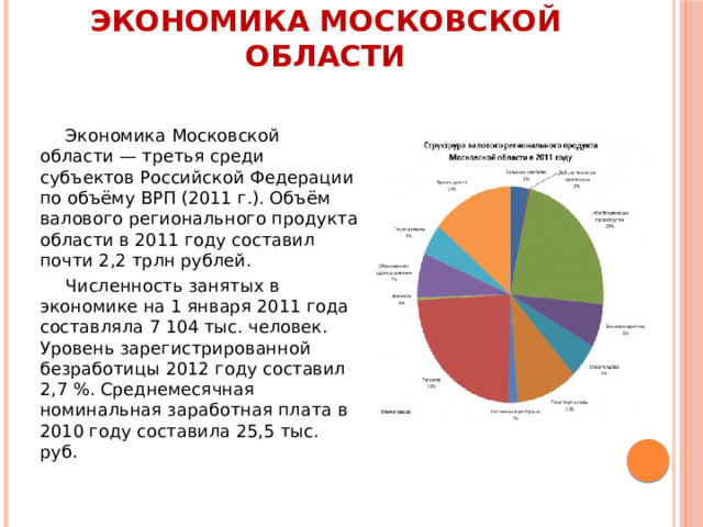 Экономика Московской области Экономика Московской области — третья среди субъектов Российской Федерации по объёму ВРП (2011 г.). Объём валового регионального продукта области в 2011 году составил почти 2,2 трлн рублей. Численность занятых в экономике на 1 января 2011 года составляла 7 104 тыс. человек. Уровень зарегистрированной безработицы 2012 году составил 2,7 %. Среднемесячная номинальная заработная плата в 2010 году составила 25,5 тыс. руб. 