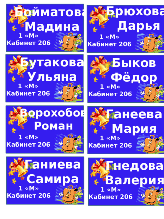 Брюхова Дарья Бойматова Мадина 1 «М» Кабинет 206 1 «М» Кабинет 206 Бутакова Ульяна Быков Фёдор 1 «М» Кабинет 206 1 «М» Кабинет 206 Ворохобов Роман Ганеева Мария 1 «М» Кабинет 206 1 «М» Кабинет 206 Ганиева Самира Гнедова Валерия 1 «М» Кабинет 206 1 «М» Кабинет 206 
