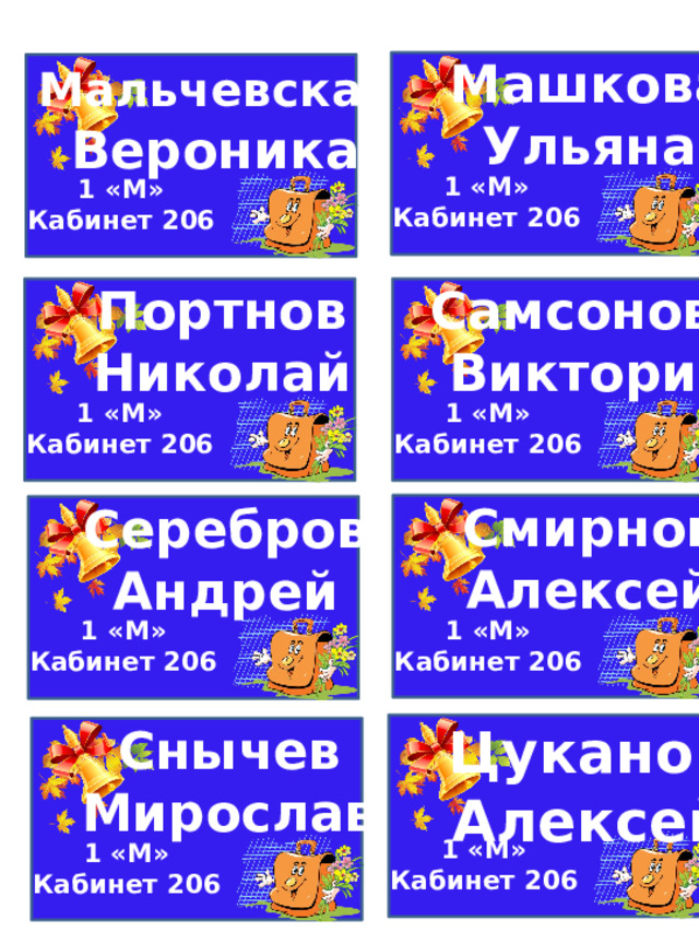 Машкова Ульяна Мальчевская Вероника 1 «М» Кабинет 206 1 «М» Кабинет 206 Самсонова Портнов Николай Виктория 1 «М» 1 «М» Кабинет 206 Кабинет 206 Смирнов Алексей Серебров Андрей 1 «М» Кабинет 206 1 «М» Кабинет 206 Цуканов Алексей Снычев Мирослав 1 «М» Кабинет 206 1 «М» Кабинет 206 