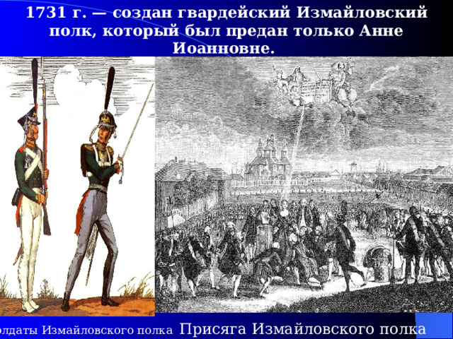 1731  г. — создан гвардейский Измайловский полк, который был предан только Анне Иоанновне.  Присяга Измайловского полка Солдаты Измайловского полка 