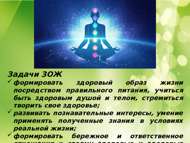 Задачи ЗОЖ формировать здоровый образ жизни посредством правильного питания, учиться быть здоровым душой и телом, стремиться творить свое здоровье; развивать познавательные интересы, умение применять полученные знания в условиях реальной жизни; формировать бережное и ответственное отношения к своему здоровью и здоровью близких людей. 
