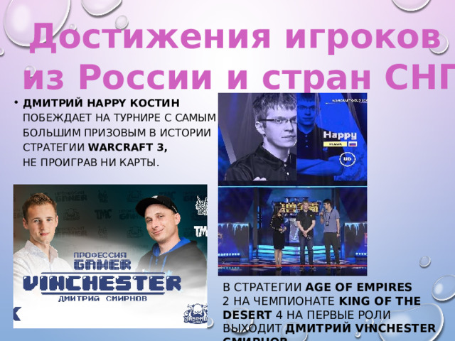 Достижения игроков из России и стран СНГ Дмитрий Happy Костин побеждает на турнире с самым большим призовым в истории стратегии Warcraft 3, не проиграв ни карты. В стратегии Age of Empires 2 на чемпионате King of the Desert 4 на первые роли выходит Дмитрий Vinchester Смирнов . 