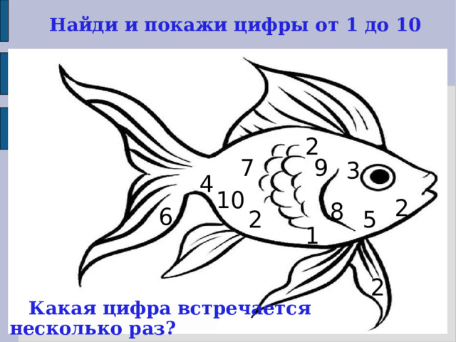 Найди и покажи цифры от 1 до 10 2 9 7 3 4 10 2 8 6 2 5 1 2  Какая цифра встречается несколько раз? 