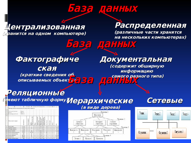 База данных Распределенная (различные части хранятся на нескольких компьютерах)  Централизованная (хранится на одном компьютере) База данных Документальная (содержит обширную информацию  самого разного типа)  Фактографическая (краткие сведения об  описываемых объектах)  База данных Реляционные (имеют табличную форму)  Сетевые   Иерархические (в виде дерева)  