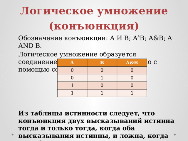 Логическое умножение (конъюнкция) Обозначение конъюнкции: А И В; А  В; А&B; A AND B. Логическое умножение образуется соединением двух высказываний в одно с помощью союза «и». Из таблицы истинности следует, что конъюнкция двух высказываний истинна тогда и только тогда, когда оба высказывания истинны, и ложна, когда хотя бы одно высказывание ложно. А В 0 0 А&B 0 1 0 1 0 0 1 1 0 1 