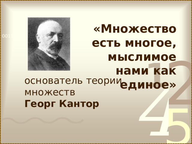 «Множество есть многое, мыслимое нами как единое» основатель теории множеств Георг Кантор 