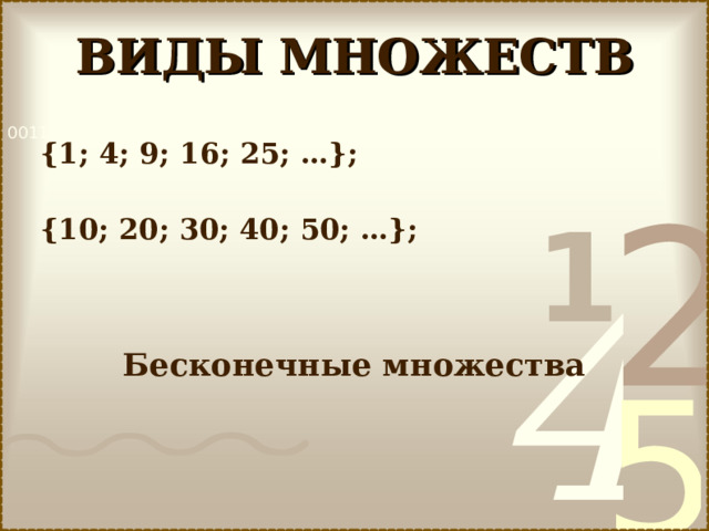 ВИДЫ МНОЖЕСТВ {1; 4; 9; 16; 25; …};  {10; 20; 30; 40; 50; …}; Бесконечные множества  