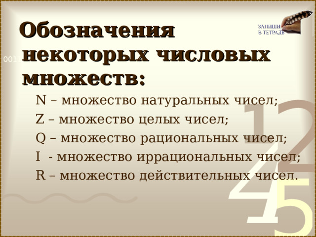  Обозначения некоторых числовых множеств:  N – множество натуральных чисел;  Z – множество целых чисел;  Q – множество рациональных чисел;  I - множество иррациональных чисел;  R – множество действительных чисел.  