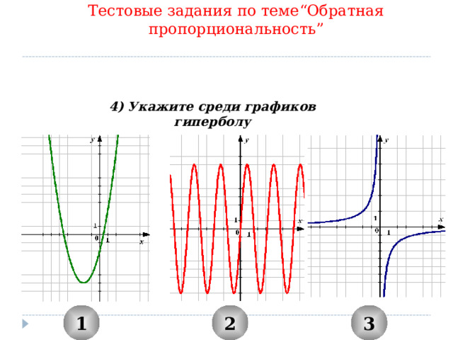 Тестовые задания по теме “ Обратная пропорциональность ” 4) Укажите среди графиков гиперболу 1 2 3 9 