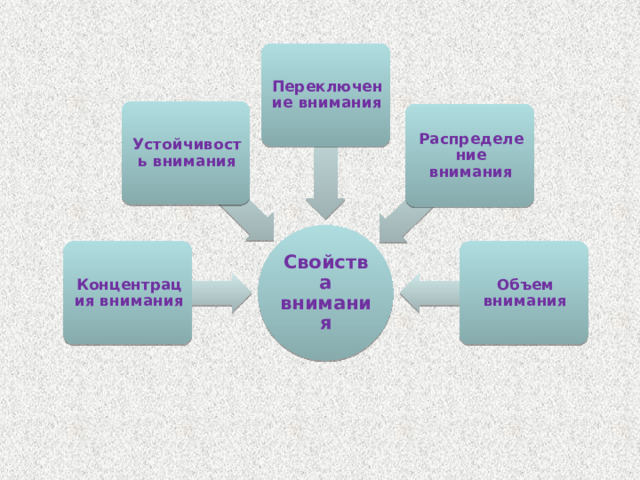 Переключение внимания Устойчивость внимания Распределение внимания Свойства внимания Концентрация внимания Объем внимания 