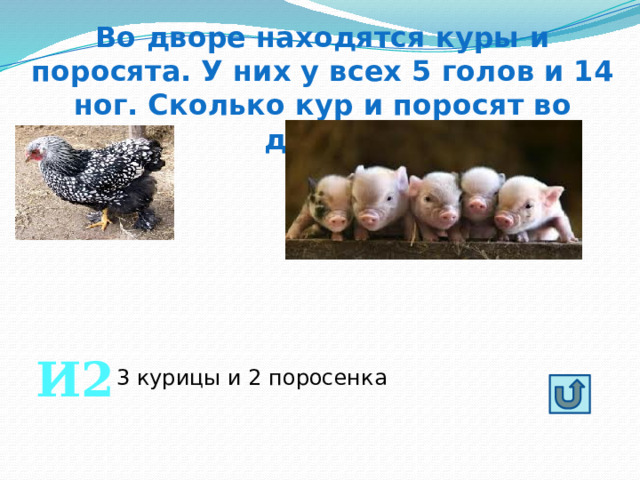 Во дворе находятся куры и поросята. У них у всех 5 голов и 14 ног. Сколько кур и поросят во дворе? И2 3 курицы и 2 поросенка 