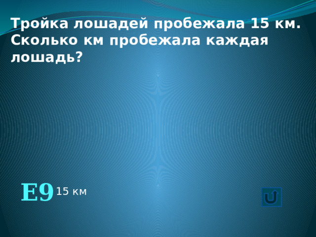 Тройка лошадей пробежала 15 км. Сколько км пробежала каждая лошадь? Е9 15 км 