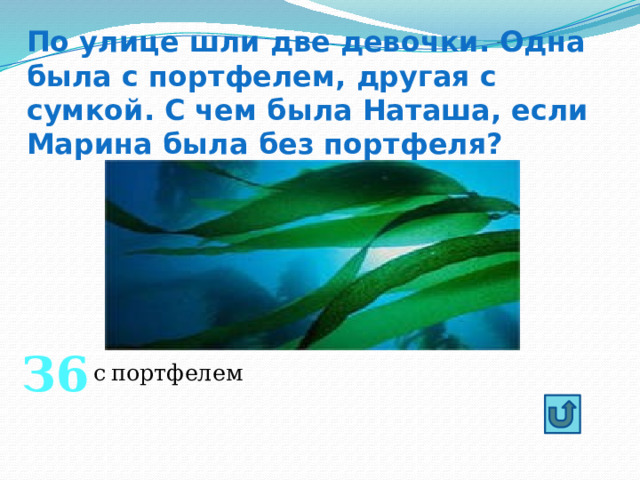 По улице шли две девочки. Одна была с портфелем, другая с сумкой. С чем была Наташа, если Марина была без портфеля? З6 