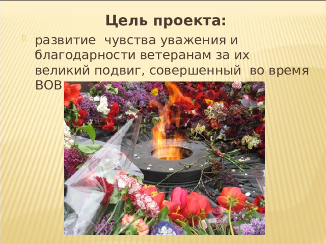 Цель проекта: развитие чувства уважения и благодарности ветеранам за их великий подвиг, совершенный во время ВОВ  