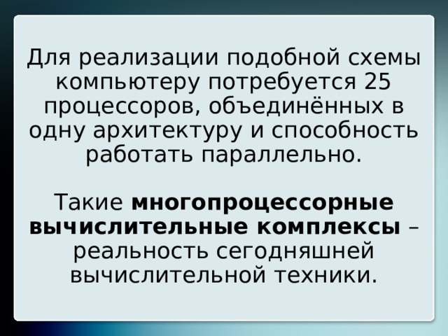Для реализации подобной схемы компьютеру потребуется 25 процессоров, объединённых в одну архитектуру и способность работать параллельно.   Такие многопроцессорные вычислительные комплексы – реальность сегодняшней вычислительной техники. 20 