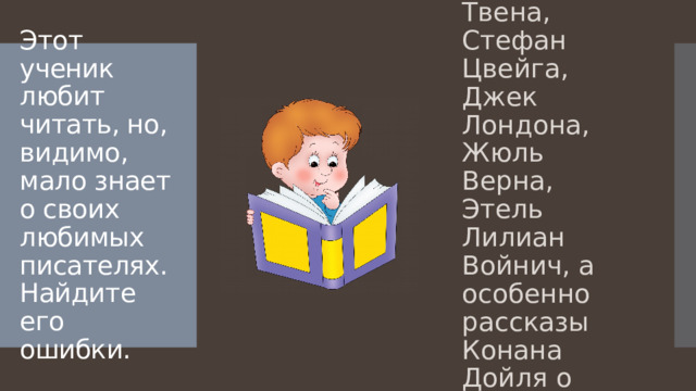 «Я люблю книги Марка Твена, Стефан Цвейга, Джек Лондона, Жюль Верна, Этель Лилиан Войнич, а особенно рассказы Конана Дойля о Шерлок Холмсе». Этот ученик любит читать, но, видимо, мало знает о своих любимых писателях. Найдите его ошибки.  
