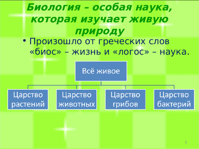 Биология – особая наука, которая изучает живую природу Произошло от греческих слов «биос» – жизнь и «логос» – наука .  