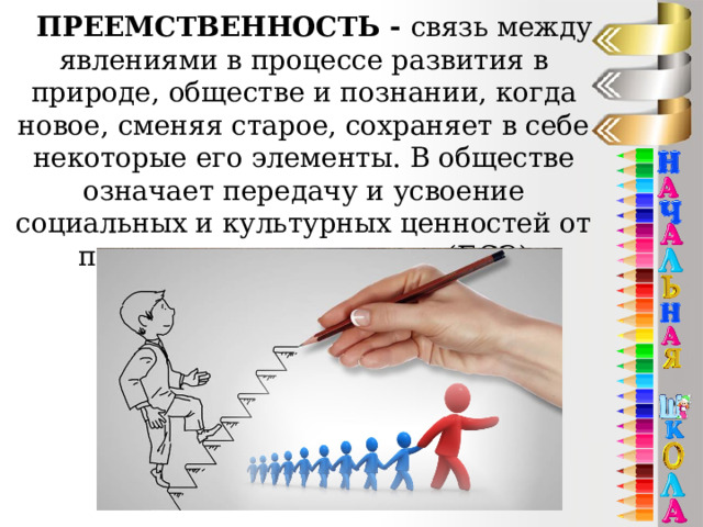 ПРЕЕМСТВЕННОСТЬ - связь между явлениями в процессе развития в природе, обществе и познании, когда новое, сменяя старое, сохраняет в себе некоторые его элементы. В обществе означает передачу и усвоение социальных и культурных ценностей от поколения к поколению. (БСЭ) 