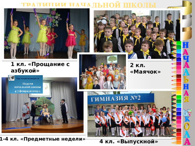 Традиции начальной школы 1 кл. «Прощание с азбукой» 2 кл. «Маячок» 1-4 кл. «Предметные недели» 4 кл. «Выпускной» 