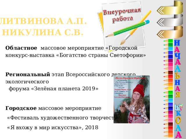 Литвинова А.П.  Никулина С.В. Областное массовое мероприятие «Городской конкурс-выставка «Богатство страны Светофории» Региональный этап Всероссийского детского экологического форума «Зелёная планета 2019» Городское массовое мероприятие  «Фестиваль художественного творчества  «Я вхожу в мир искусства», 2018 