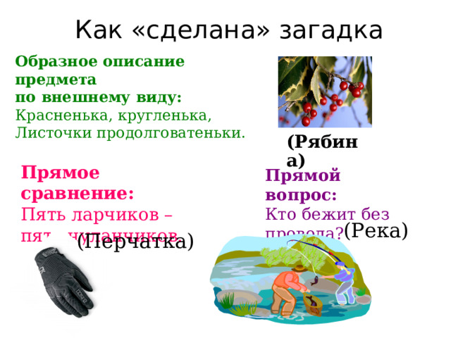 Как «сделана» загадка Образное описание предмета по внешнему виду:  Красненька, кругленька, Листочки продолговатеньки. (Рябина) Прямое сравнение:  Пять ларчиков – пять чуланчиков. Прямой вопрос:  Кто бежит без провода?  (Река) (Перчатка) 