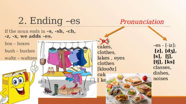 2. Ending –es Pronunciation If the noun ends in –s, -sh, -ch, -z, -x, we adds –es. box – boxes bush – bushes waltz – waltzes – e s cakes, clothes, lakes , eyes clothes [kloʊðz]  cakes [ keɪks] – es - [-iz]:  [z], [dʒ], [s], [ʃ], [tʃ], [ks] classes, dishes, noises 