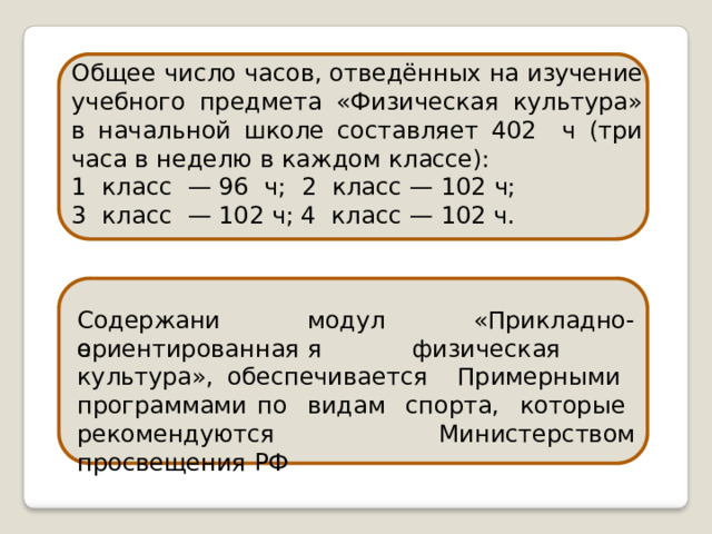 Общее  число  часов,  отведённых  на  изучение учебного  предмета  «Физическая  культура»  в начальной  школе  составляет  402  ч  (три  часа в  неделю  в  каждом  классе): 1 класс  —  96 ч;  2  класс  —  102  ч; 3 класс  — 102 ч; 4  класс  —  102 ч. Содержание модуля «Прикладно- ориентированная  физическая  культура», обеспечивается  Примерными  программами по  видам  спорта,  которые  рекомендуются Министерством  просвещения  РФ 