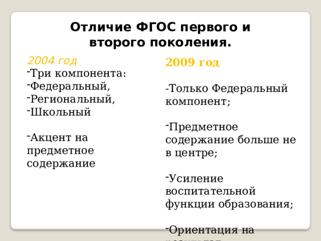 Отличие ФГОС первого и второго поколения. 2004 год Три компонента: Федеральный, Региональный, Школьный Акцент на предметное содержание 2009 год  -Только Федеральный компонент; Предметное содержание больше не в центре; Усиление воспитательной функции образования; Ориентация на результат. 
