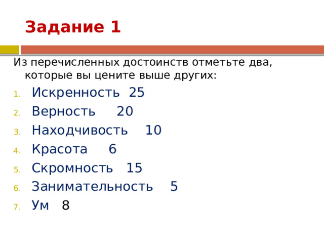 Задание 1 Из перечисленных достоинств отметьте два, которые вы цените выше других: Искренность 25 Верность 20 Находчивость 10 Красота 6 Скромность 15 Занимательность 5 Ум 8 