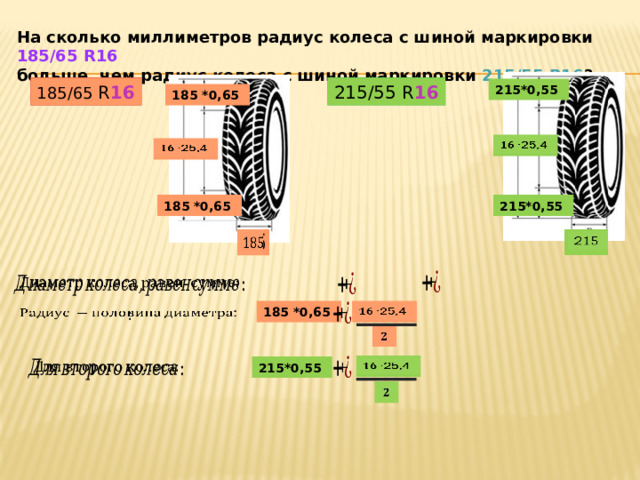 На сколько миллиметров радиус колеса с шиной маркировки 185/65 R16 больше, чем радиус колеса с шиной маркировки 215/55 R16 ? 215/55 R 16 185/65 R 16 215*0,55 185 *0,65 25,4   25,4   185 *0,65 215*0,55   2           25,4   : 185 *0,65         25,4   215*0,55   