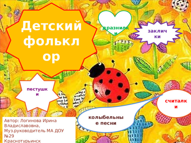 Детский фольклор дразнилки  дразнилки заклички пестушки считалки колыбельные песни Автор: Логинова Ирина Владиславовна, Муз.руководитель МА ДОУ №29 Краснотурьинск 