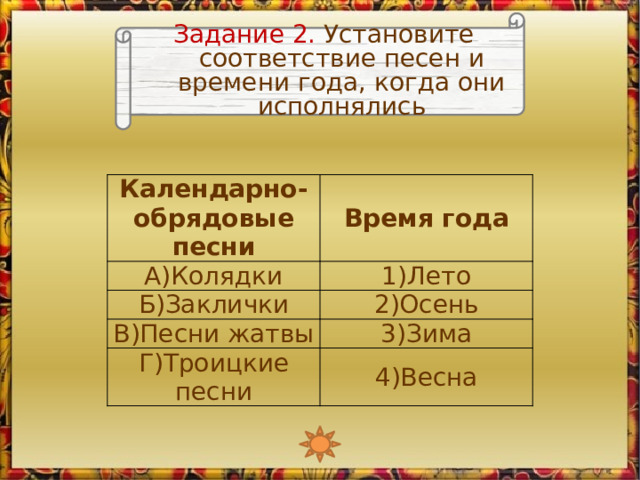 Задание 2. Установите соответствие песен и времени года, когда они исполнялись Календарно-обрядовые песни Время года А)Колядки 1)Лето Б)Заклички 2)Осень В)Песни жатвы 3)Зима Г)Троицкие песни 4)Весна 