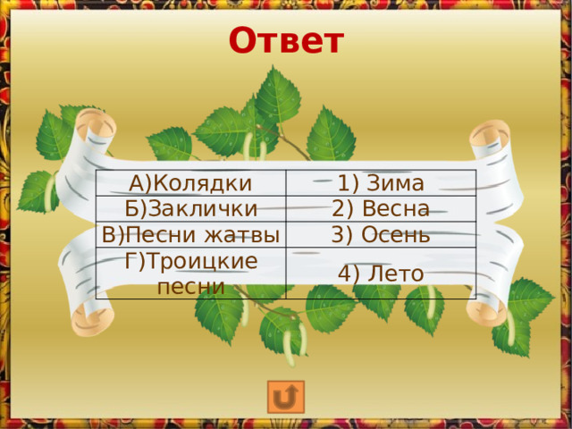 Ответ А)Колядки 1) Зима Б)Заклички 2) Весна В)Песни жатвы 3) Осень Г)Троицкие песни 4) Лето 