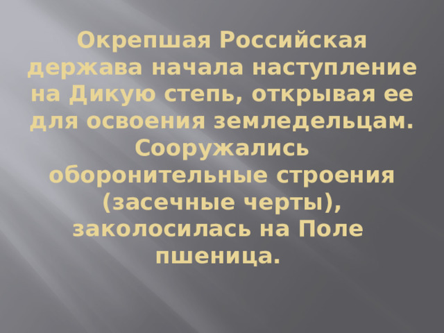 Окрепшая Российская держава начала наступление на Дикую степь, открывая ее для освоения земледельцам. Сооружались оборонительные строения (засечные черты), заколосилась на Поле пшеница.   