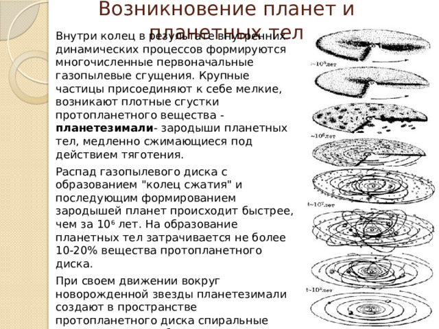 Возникновение планет и планетных тел Внутри колец в результате внутренних динамических процессов формируются многочисленные первоначальные газопылевые сгущения. Крупные частицы присоединяют к себе мелкие, возникают плотные сгустки протопланетного вещества - планетезимали - зародыши планетных тел, медленно сжимающиеся под действием тяготения. Распад газопылевого диска с образованием 