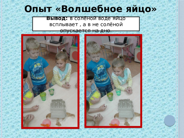Опыт «Волшебное яйцо» Вывод: в солёной воде яйцо всплывает , а в не солёной опускается на дно. 