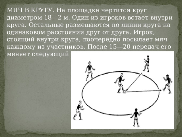 МЯЧ В КРУГУ. На площадке чертится круг диаметром 18—2 м. Один из игроков встает внутри круга. Остальные размещаются по линии круга на одинаковом расстоянии друг от друга. Игрок, стоящий внутри круга, поочередно посылает мяч каждому из участников. После 15—20 передач его меняет следующий игрок.  