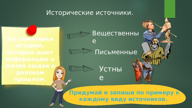 Исторические источники. Вещественные это памятники истории, которые дают информацию о жизни людей в далеком прошлом. Письменные Устные Придумай и запиши по примеру к каждому виду источников. 