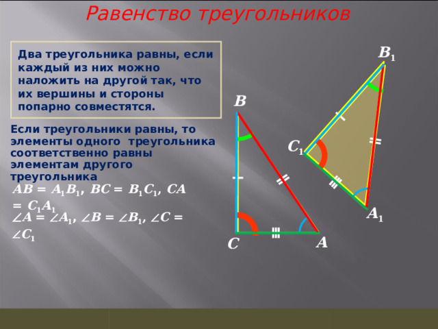 Равенство треугольников  B 1 Два треугольника равны, если каждый из них можно наложить на другой так, что их вершины и стороны попарно совместятся. B Если треугольники равны, то элементы одного треугольника соответственно равны элементам другого треугольника C 1 AB = A 1 B 1 , BC = B 1 C 1 , CA = C 1 A 1 A 1  A =  A 1 ,  B =  B 1 ,  C =  C 1 A C  