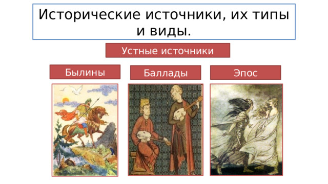 Исторические источники, их типы и виды. Устные источники Былины Баллады Эпос 