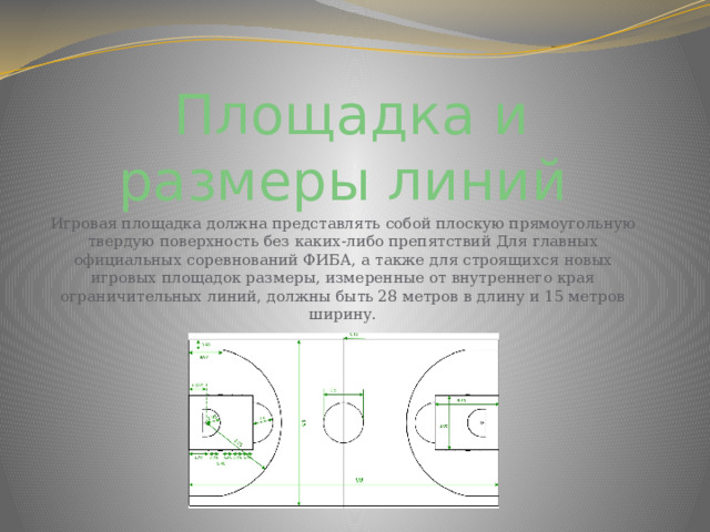 Площадка и размеры линий  Игровая площадка должна представлять собой плоскую прямоугольную твердую поверхность без каких-либо препятствий Для главных официальных соревнований ФИБА, а также для строящихся новых игровых площадок размеры, измеренные от внутреннего края ограничительных линий, должны быть 28 метров в длину и 15 метров ширину. 