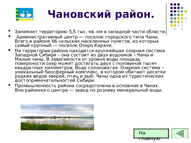 Чановский район. Занимает территорию 5,5 тыс. кв. км в западной части области.  Административный центр — поселок городского типа Чаны. Всего в районе 66 сельских населенных пунктов, из которых самый крупный — поселок Озеро Карачи. На территории района находится крупнейшая озерная система Западной Сибири – она состоит из двух водоемов – Чаны и Малые чаны. В зависимости от уровня воды площадь поверхности озер может достигать двух с половиной тысяч квадратных километров. Вода солоноватая. Озерная система – уникальный биосферный комплекс, в котором обитают десятки редких видов зверей, птиц и рыб. Чаны одна из туристических достопримечательностей Сибири. Промышленность района сосредоточена в основном в Чанах. Вне районного центра — завод по розливу минеральной воды. На главную 31 