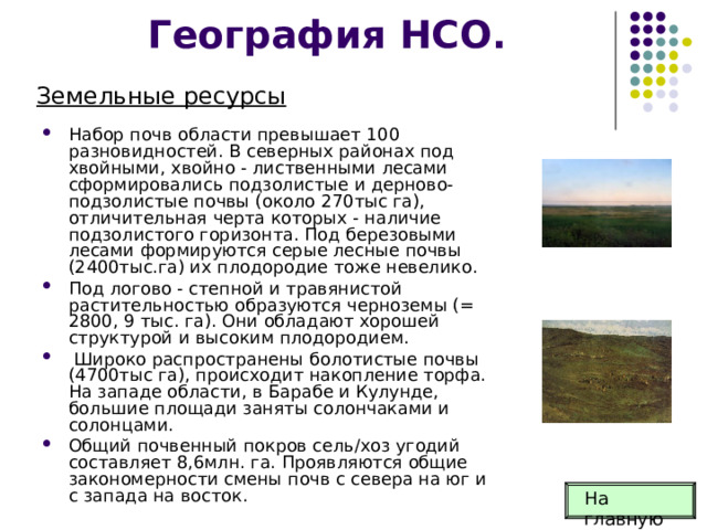 География НСО. Земельные ресурсы Набор почв области превышает 100 разновидностей. В северных районах под хвойными, хвойно - лиственными лесами сформировались подзолис­тые и дерново-подзолистые почвы (около 270тыс га), отличительная черта которых - наличие подзолистого гори­зонта. Под березовыми лесами формируются серые лесные почвы (2400тыс.га) их плодородие тоже невелико. Под логово - степной и травянистой растительностью образуются черноземы (= 2800, 9 тыс. га). Они обладают хорошей структурой и высоким плодородием.  Широко распространены болотистые почвы (4700тыс га), происходит накопление торфа. На западе области, в Барабе и Кулунде, большие площади заняты солончаками и солонцами. Общий почвенный покров сель/хоз угодий составляет 8,6млн. га. Проявляются общие закономерности смены почв с севера на юг и с запада на восток. На главную 