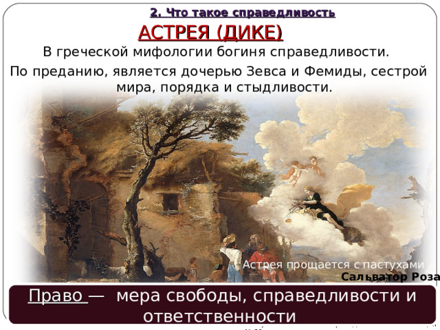2. Что такое справедливость АСТРЕЯ (ДИКЕ) В греческой мифологии богиня справедливости. По преданию, является дочерью Зевса и Фемиды, сестрой мира, порядка и стыдливости. Астрея прощается с пастухами Сальватор Роза  Право — мера свободы, справедливости и ответственности Автор: Михайлова Н.М.- преподаватель МАОУ «Лицей № 21» 